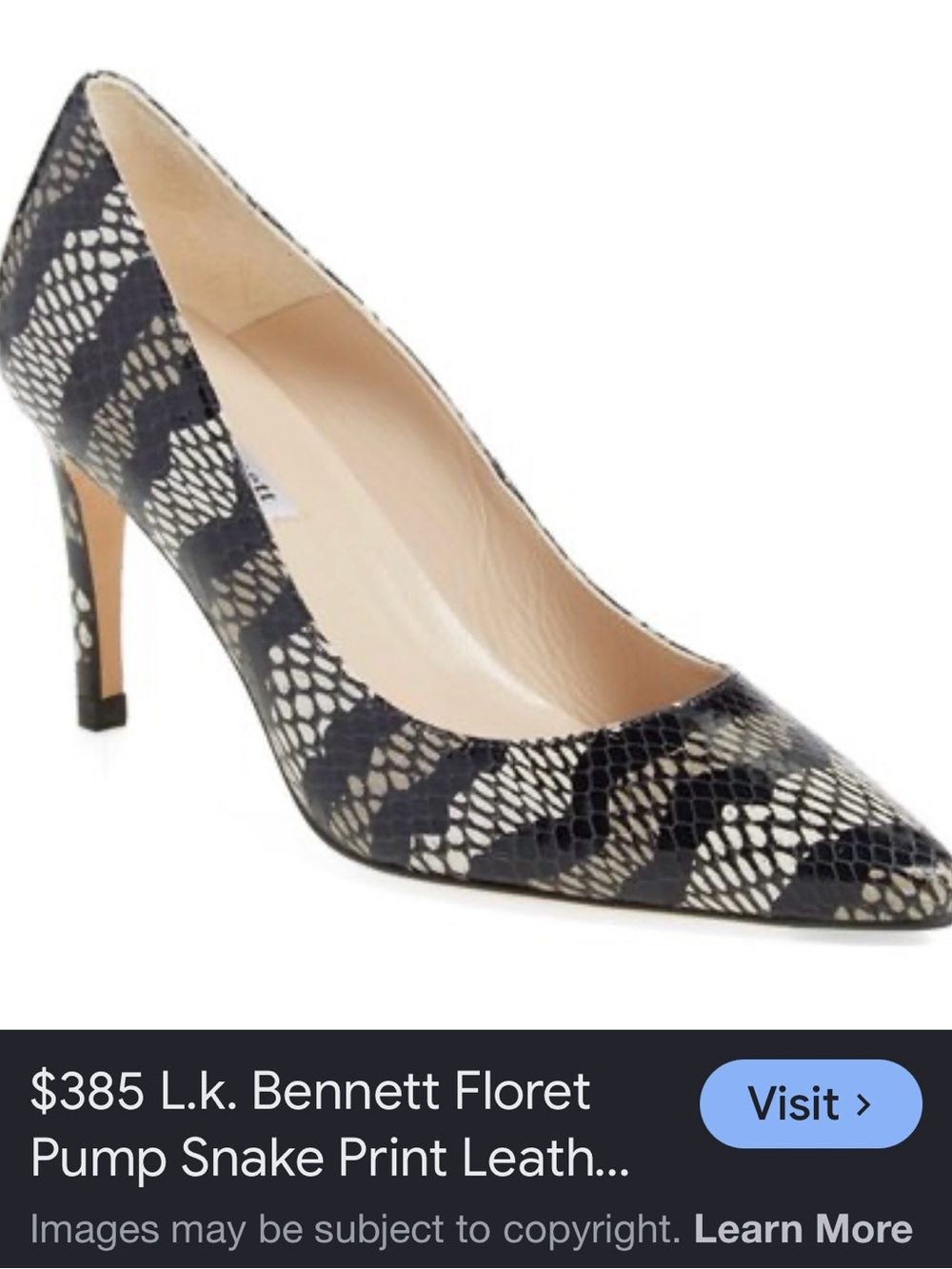 LK Bennett Black and Cream Snake-Effect Pointed Pump 48.5